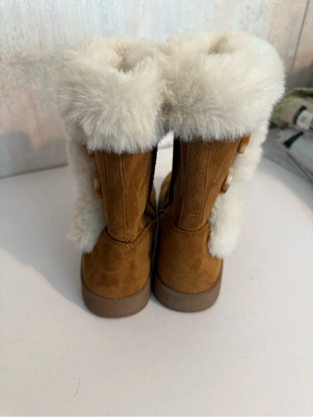 SO Kids Brown Chestnut Faux Suede Boots w Faux Cream Shearling Cuff, Warm, Sz 3